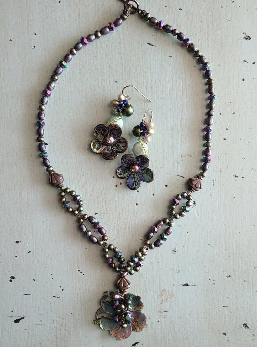 Freshwater Pearl And Abalone Shell Purple Flower Necklace and Earring Set -